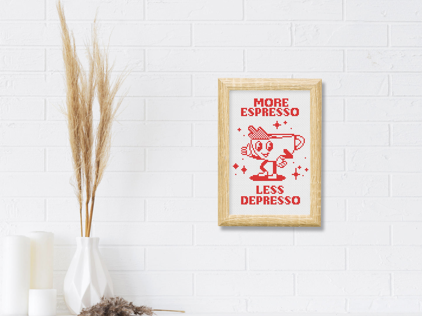 More Espresso Less Depresso cross stitch pattern – funny coffee quote PDF for modern kitchen wall decor