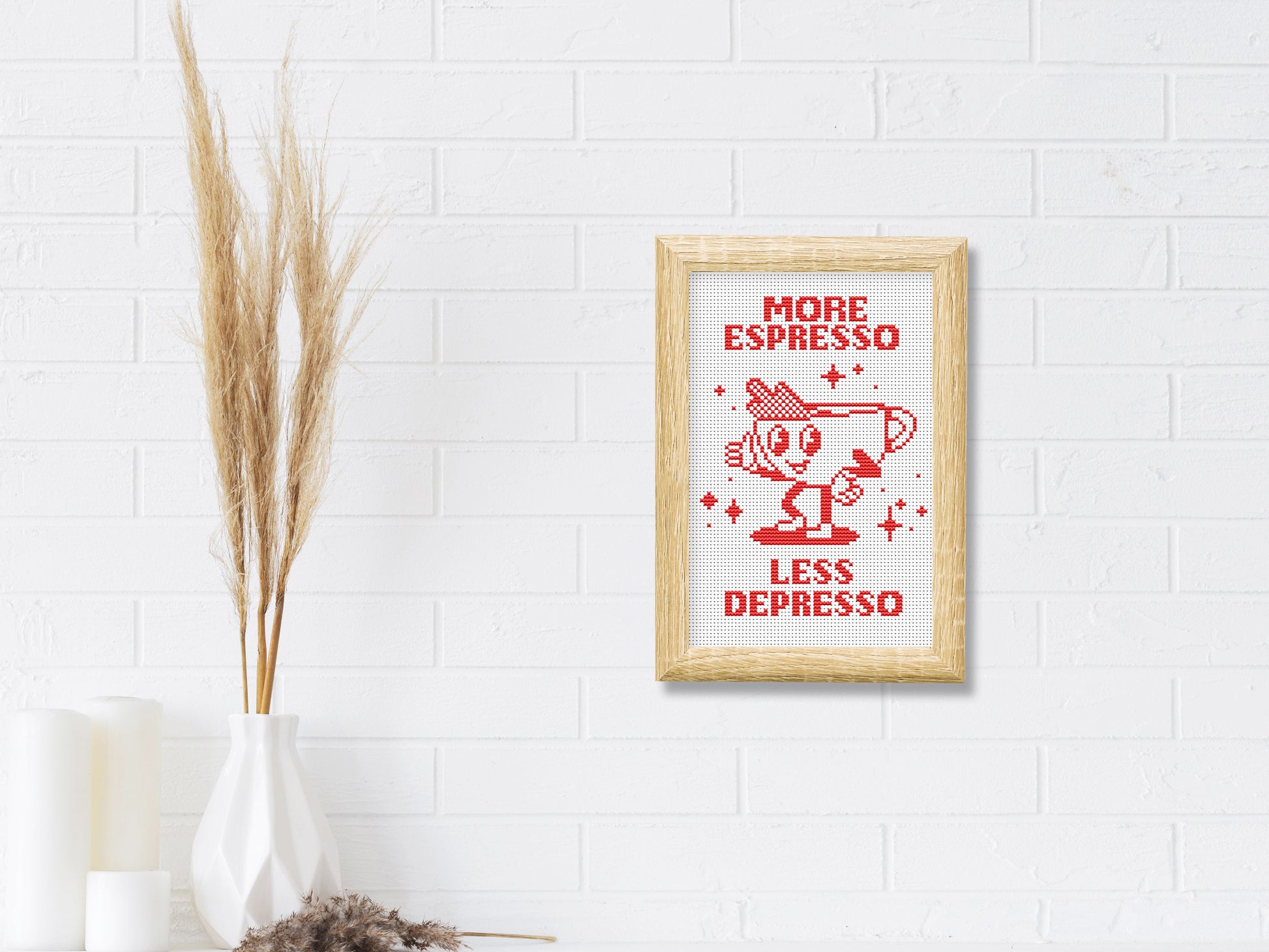 More Espresso Less Depresso cross stitch pattern – funny coffee quote PDF for modern kitchen wall decor