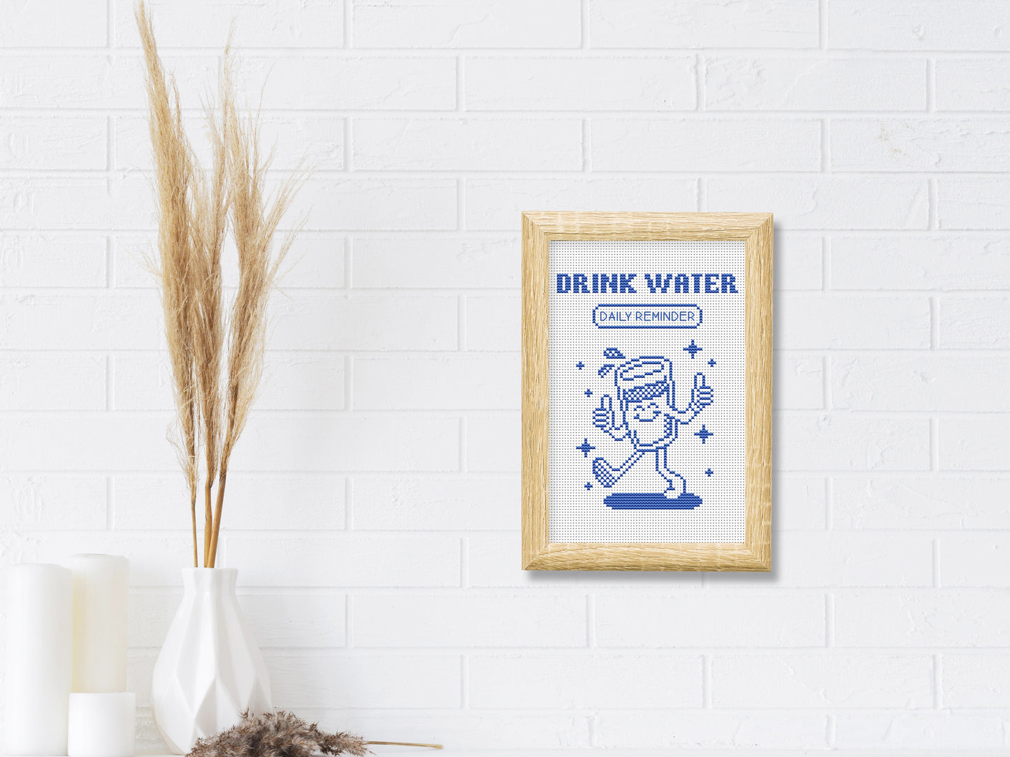 Drink Water cross stitch pattern – cute cartoon glass with quote, hydration embroidery PDF