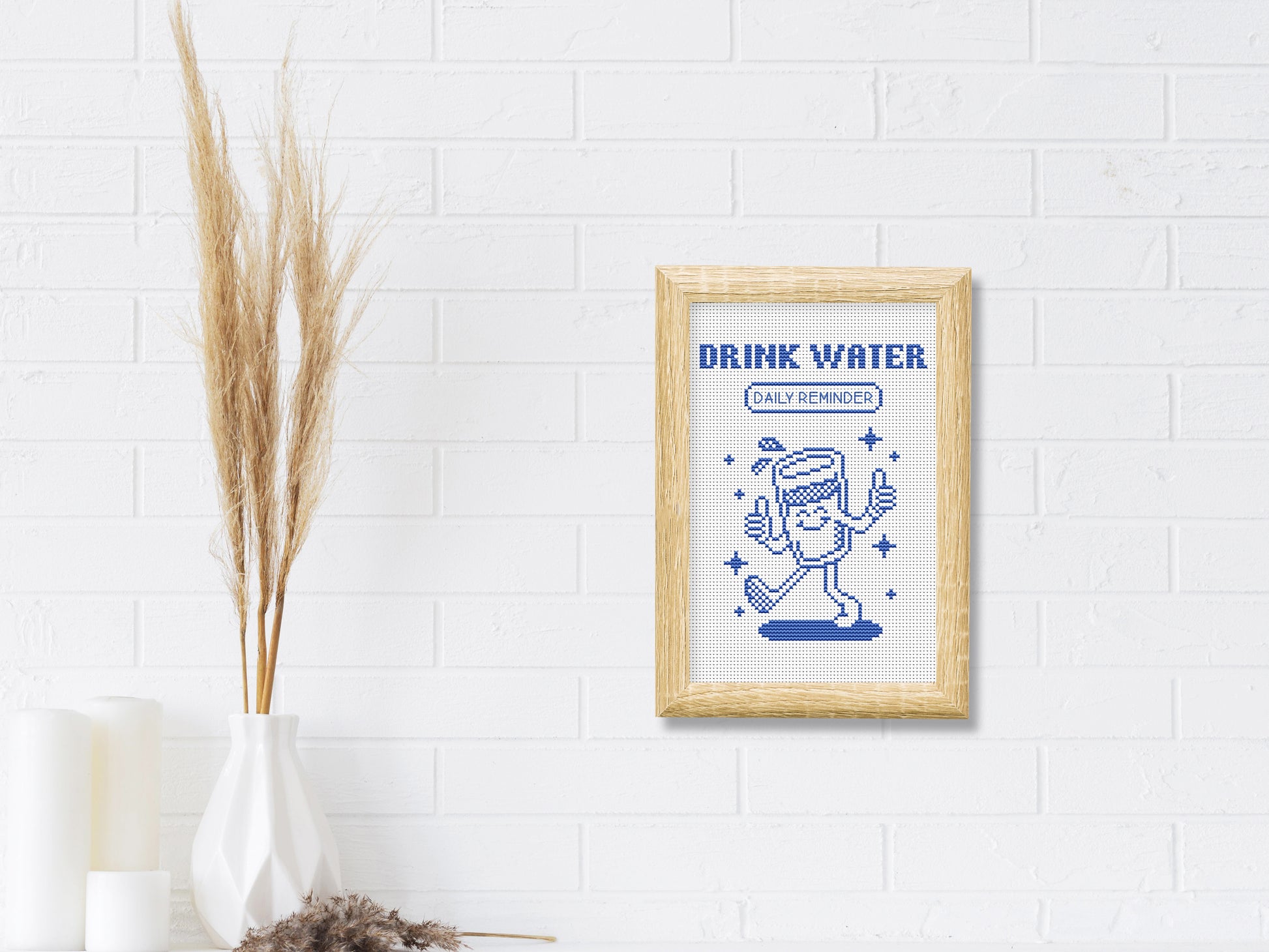 Drink Water cross stitch pattern – cute cartoon glass with quote, hydration embroidery PDF
