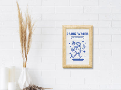 Drink Water cross stitch pattern – cute cartoon glass with quote, hydration embroidery PDF