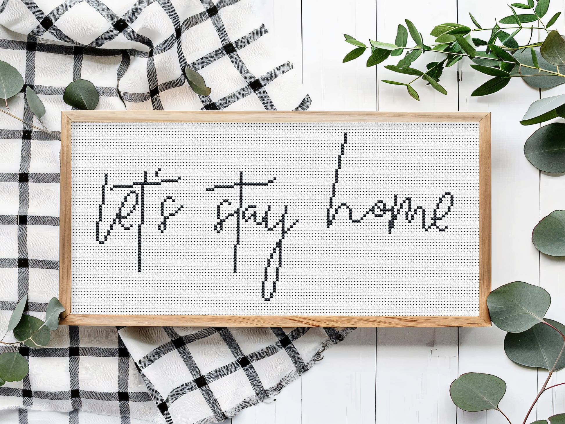 Let’s stay home cross stitch pattern – minimalist rustic quote – cozy farmhouse embroidery PDF