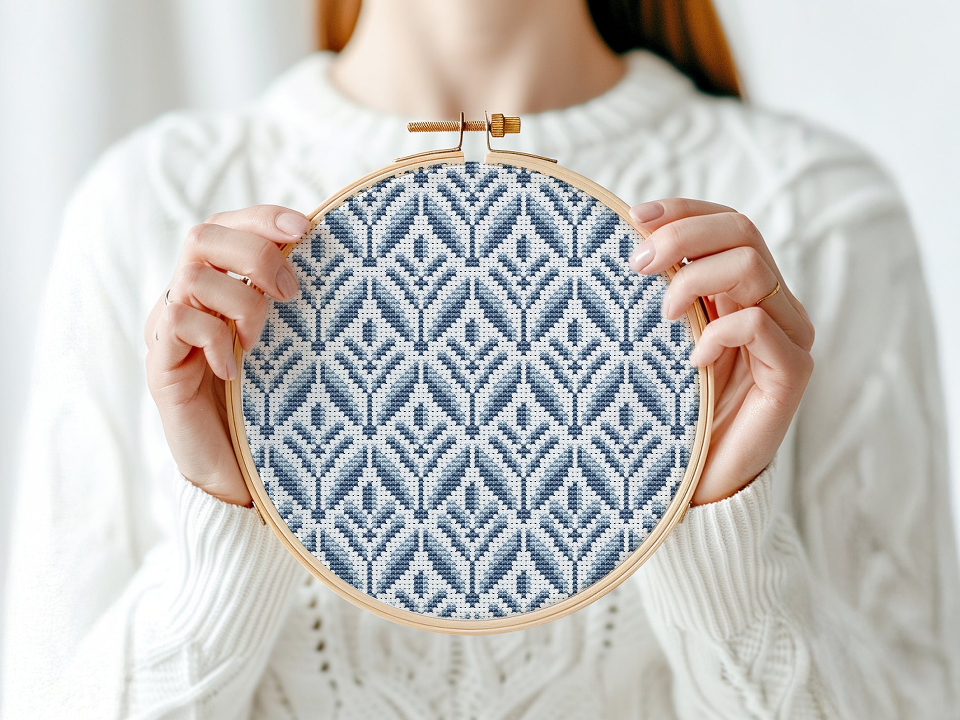 Blue geometric floral cross stitch pattern, digital PDF for modern embroidery