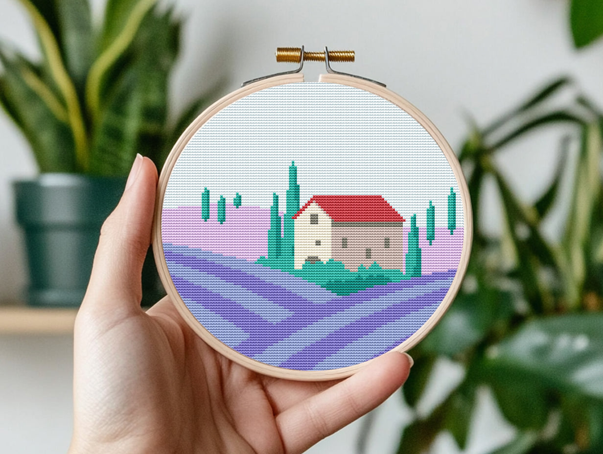 Lavender field cross stitch pattern with blooming flowers and nature landscape