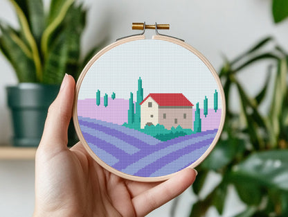 Lavender field cross stitch pattern with blooming flowers and nature landscape