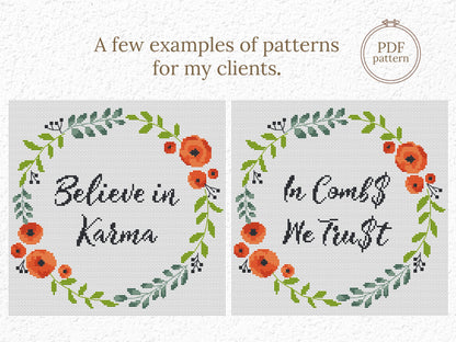 Custom cross stitch pattern with red floral wreath and personalized text placeholder - customizable PDF design