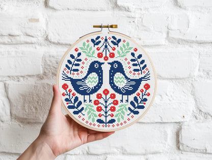Nordic folk birds in ornaments cross stitch pattern, Scandinavian embroidery design