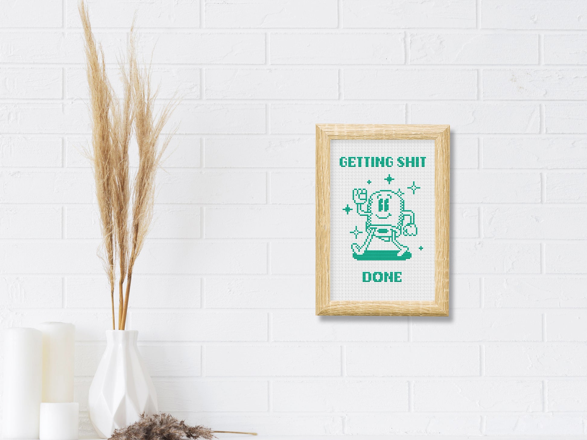 Funny “Getting Shit Done” cross stitch pattern with toilet paper motif – modern motivational PDF embroidery chart