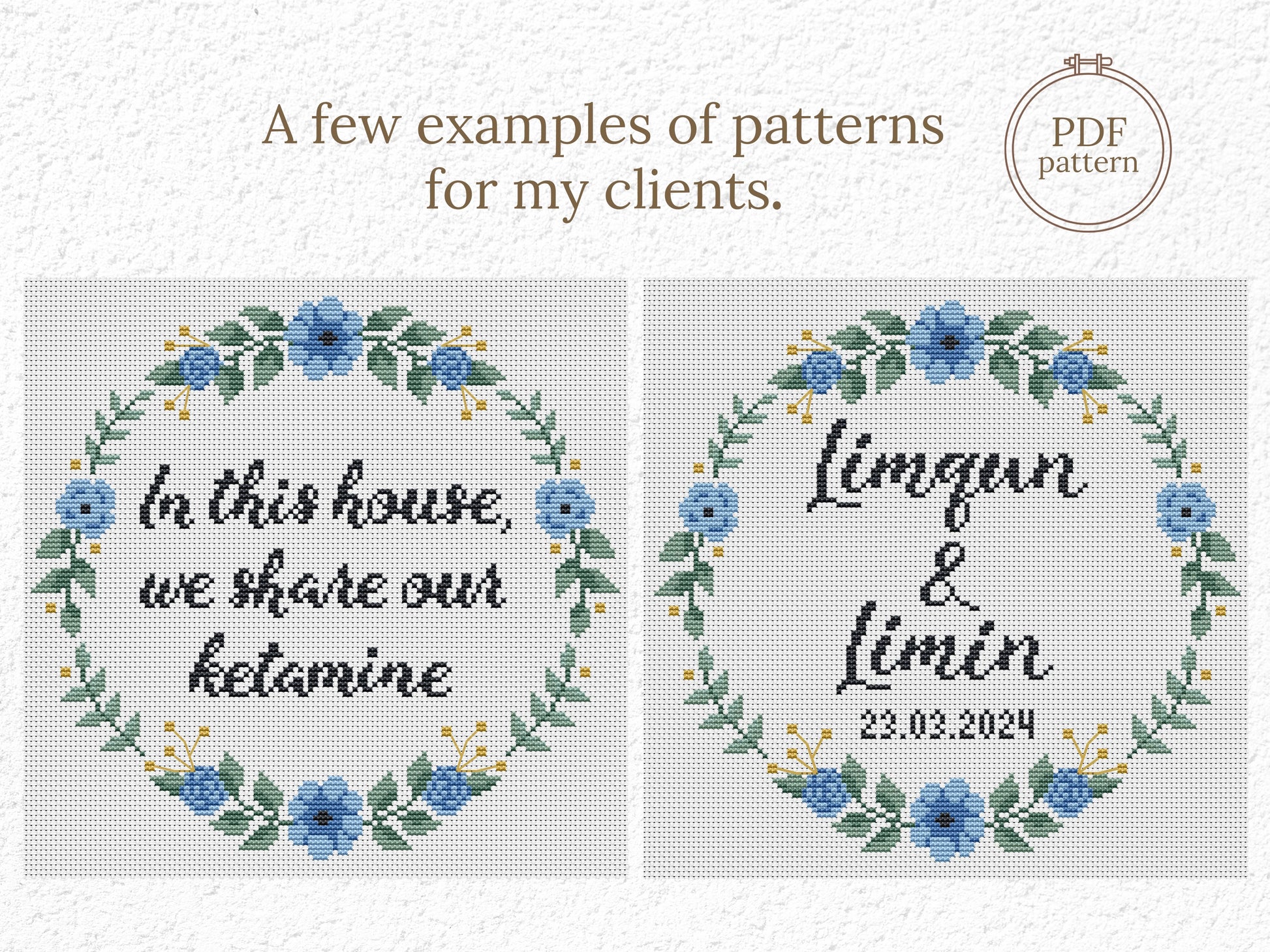 Personalized cross stitch pattern with custom text inside floral wreath - handmade PDF design