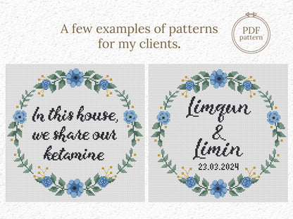 Personalized cross stitch pattern with custom text inside floral wreath - handmade PDF design