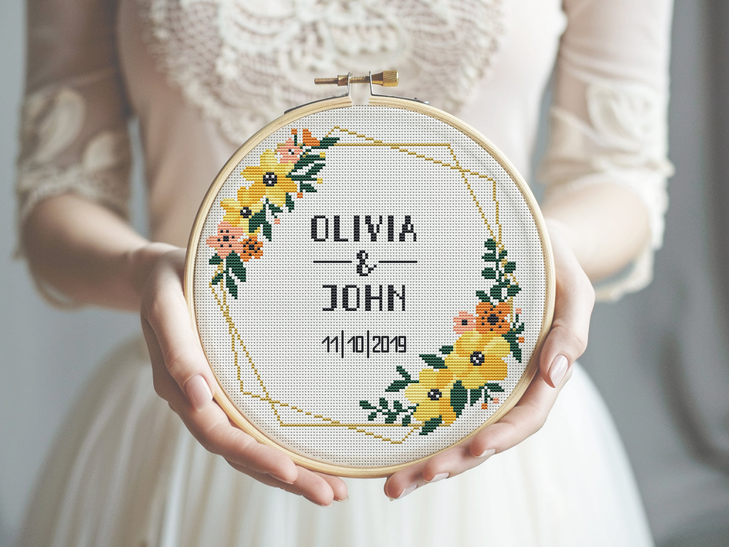 Wedding personalized cross stitch pattern – yellow flower frame – embroidery PDF with alphabet for names and dates