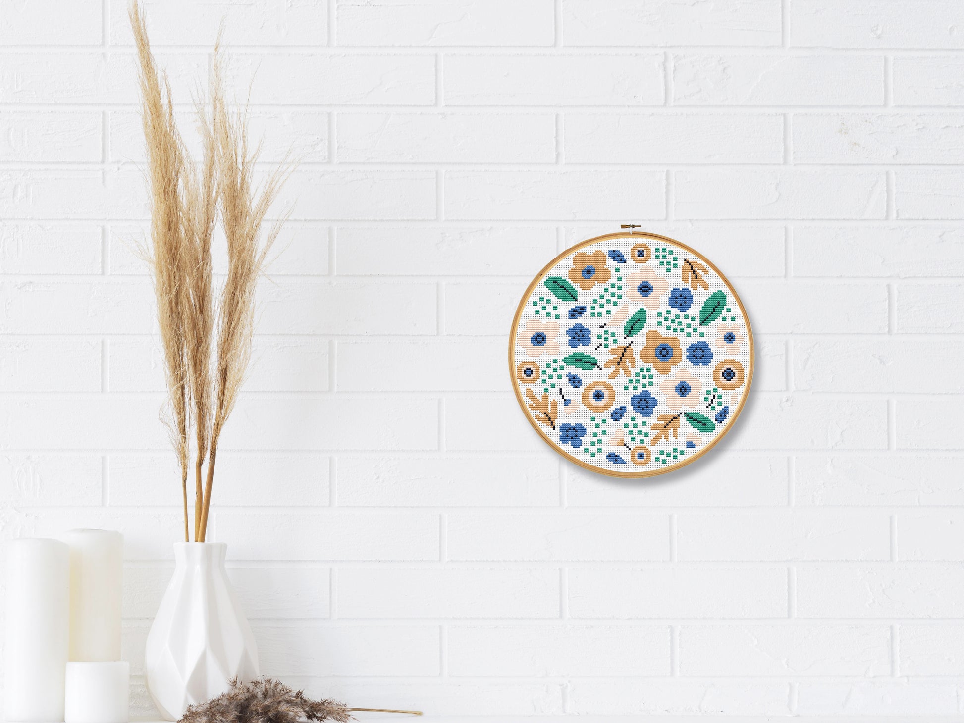Modern floral bouquet cross stitch pattern – beige spring flowers PDF embroidery design