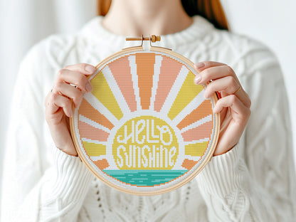 Hello Sunshine cross stitch pattern – summer surf beach quote PDF design