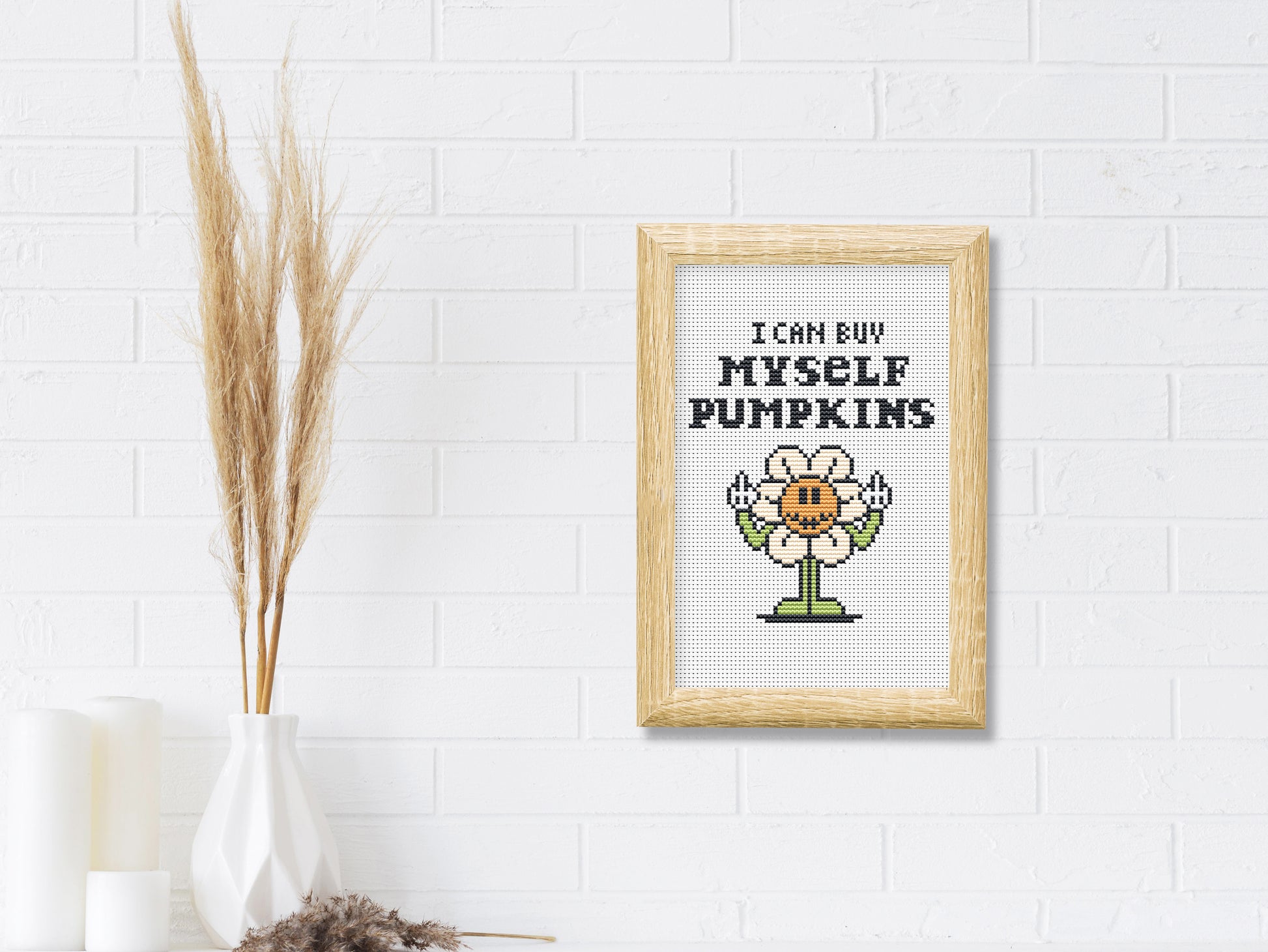 I Can Buy Myself Pumpkins funny autumn cross stitch pattern – trendy fall quote PDF for modern embroidery