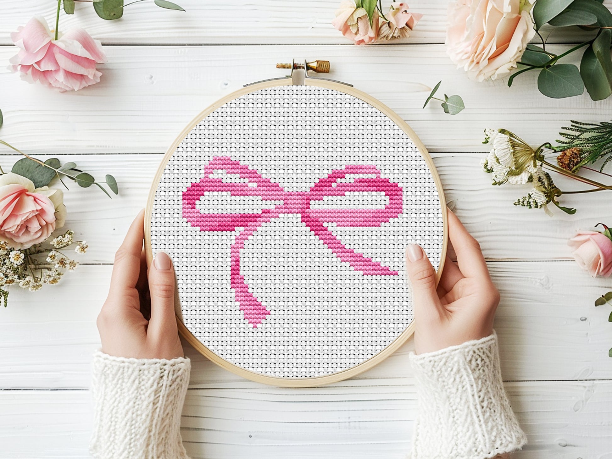 Mini Pink Bow cross stitch pattern - Beginner friendly PDF