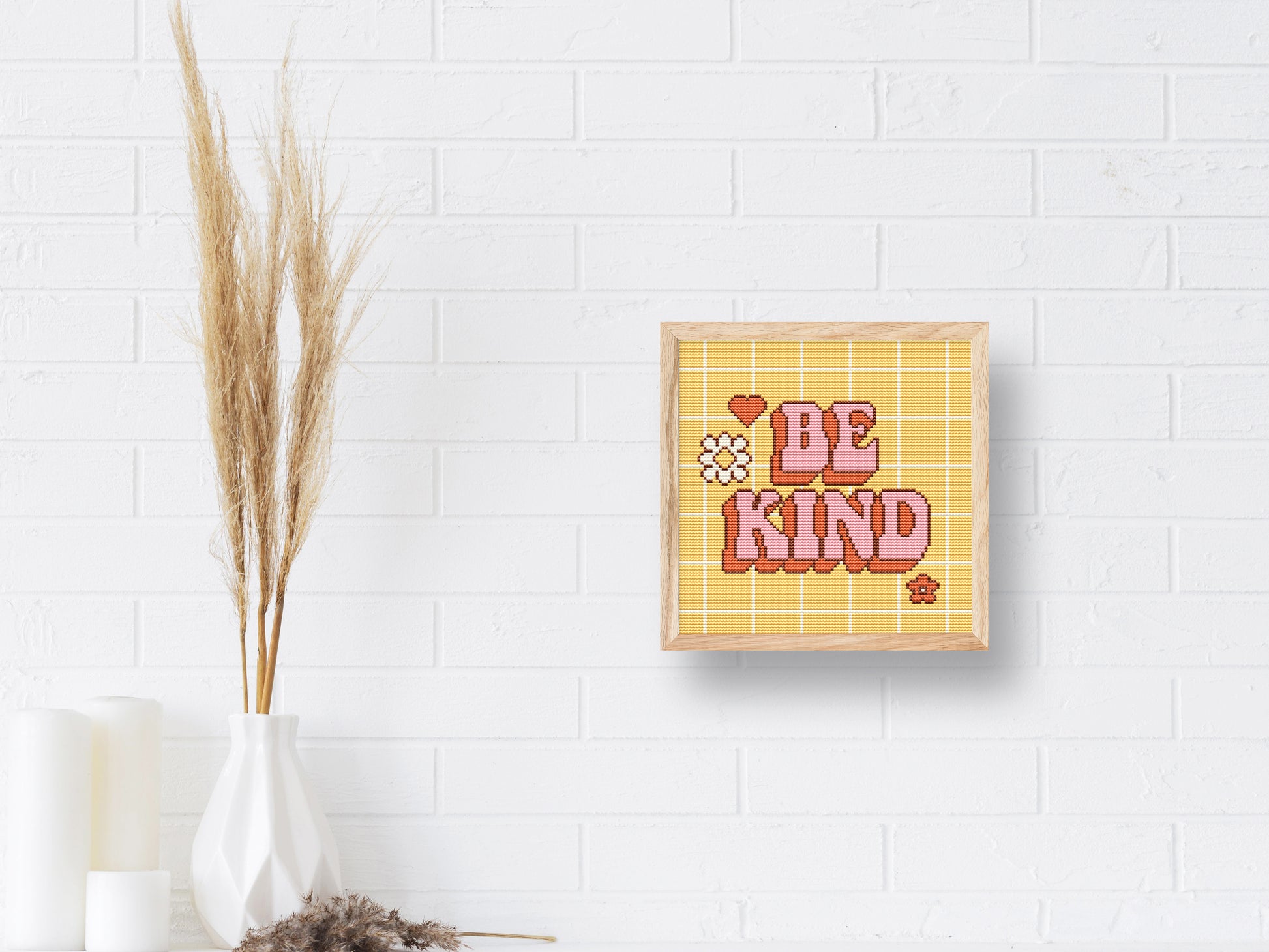 Colorful trendy retro cross stitch pattern with "Be Kind" quote – vibrant embroidery PDF chart