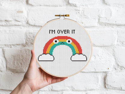 "I'm Over It" quote rainbow cross stitch pattern, fun typography embroidery design