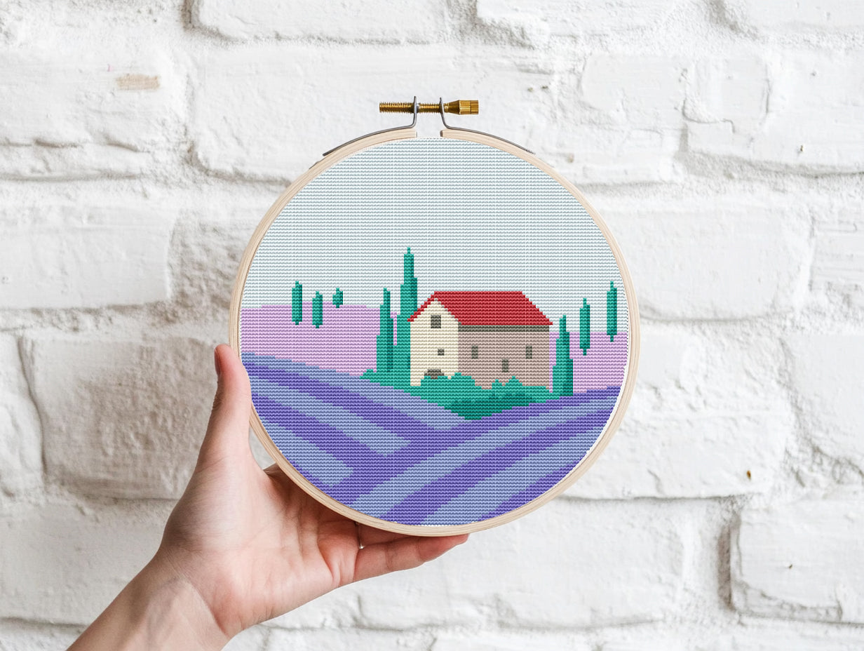 Lavender field cross stitch pattern with blooming flowers and nature landscape