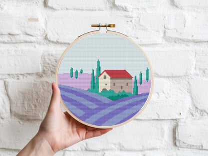 Lavender field cross stitch pattern with blooming flowers and nature landscape