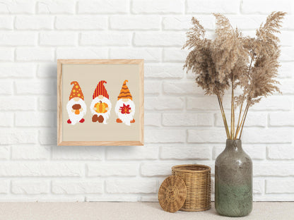 Three autumn gnomes cross stitch pattern with pumpkins and fall leaves, cute seasonal PDF design