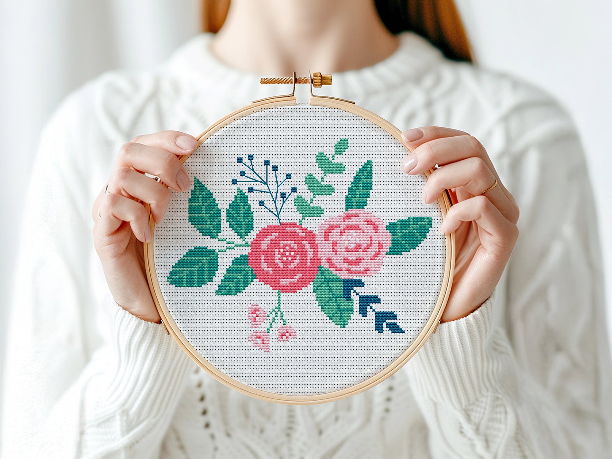Floral bouquet with roses cross stitch pattern, elegant embroidery design