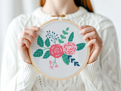 Floral bouquet with roses cross stitch pattern, elegant embroidery design