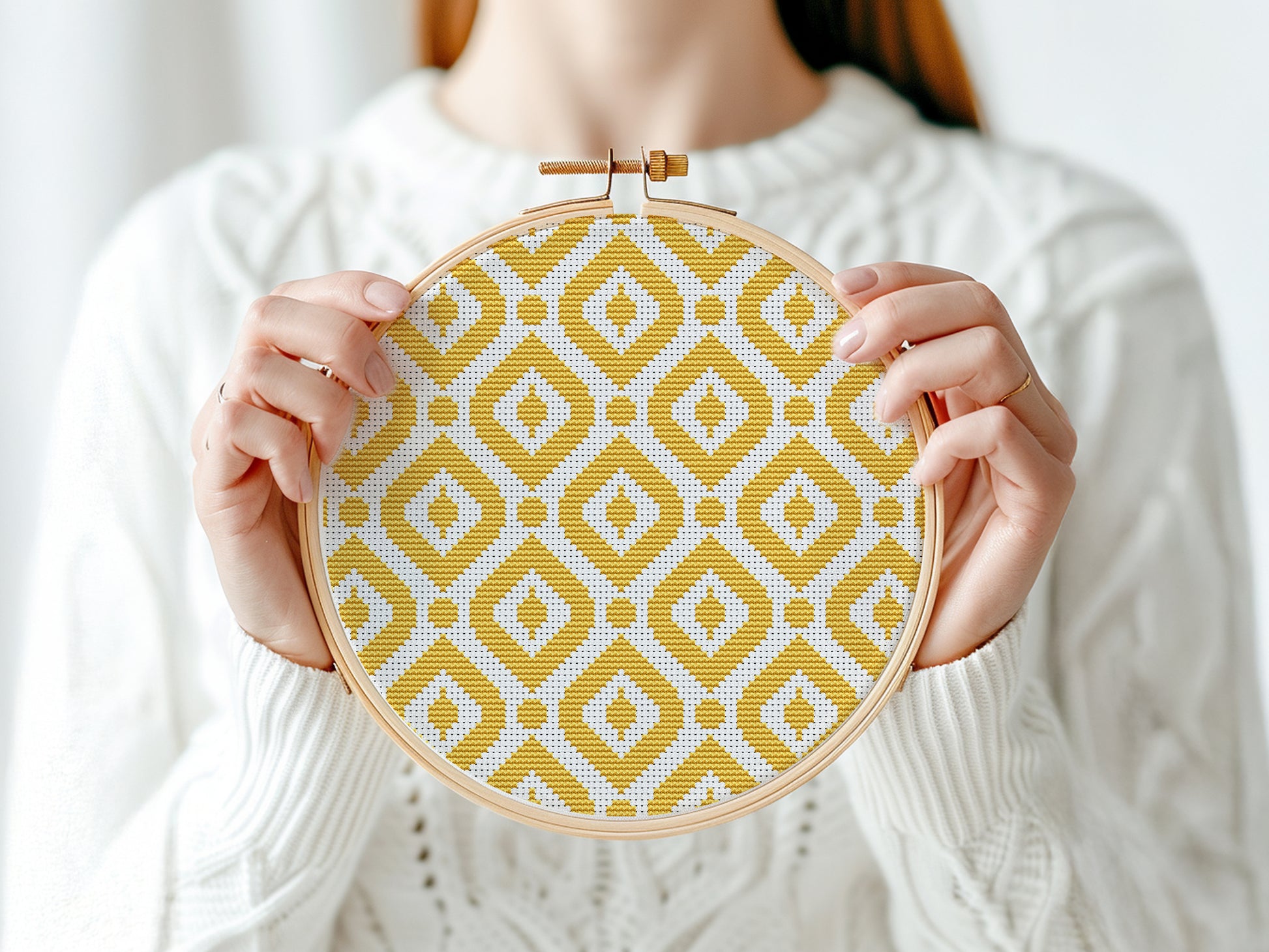 Yellow geometric rhombs cross stitch pattern, modern diamond design in PDF format