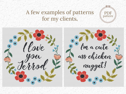 Personalized cross stitch pattern with custom text inside floral wreath - handmade PDF design