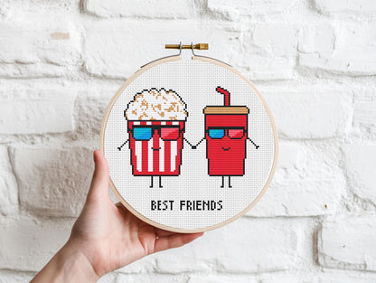 Movie night best friend cross stitch pattern with popcorn and cola