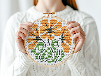 Modern floral cross stitch pattern set – 3 PDF flower hoop charts for beginners, minimalist botanical embroidery