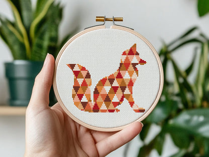 Geometric fox cross stitch pattern made of triangle shapes, modern minimalist PDF embroidery design