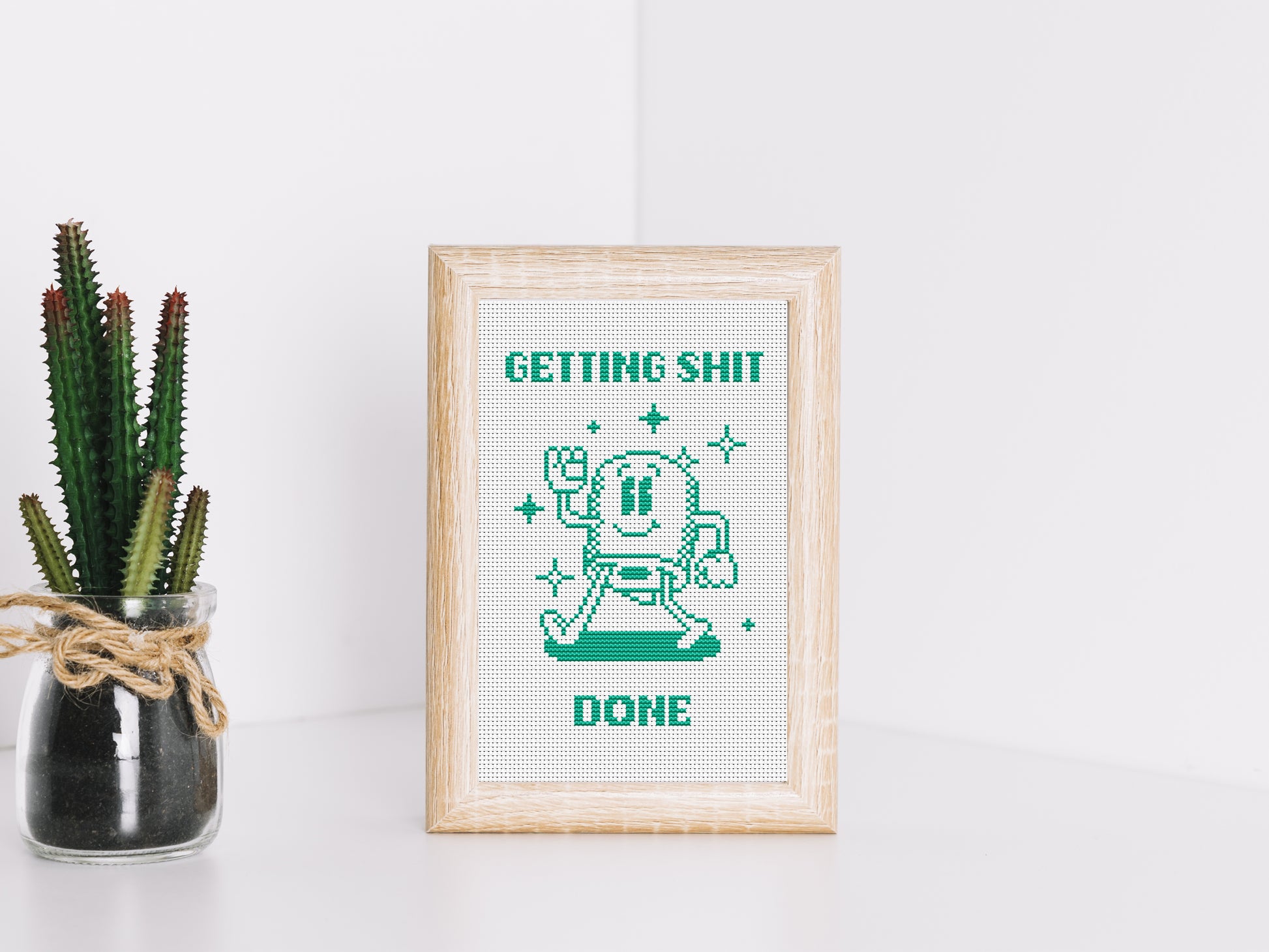 Funny “Getting Shit Done” cross stitch pattern with toilet paper motif – modern motivational PDF embroidery chart