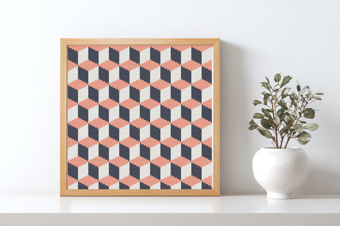 3D abstract cross stitch pattern with optical illusion and geometric depth