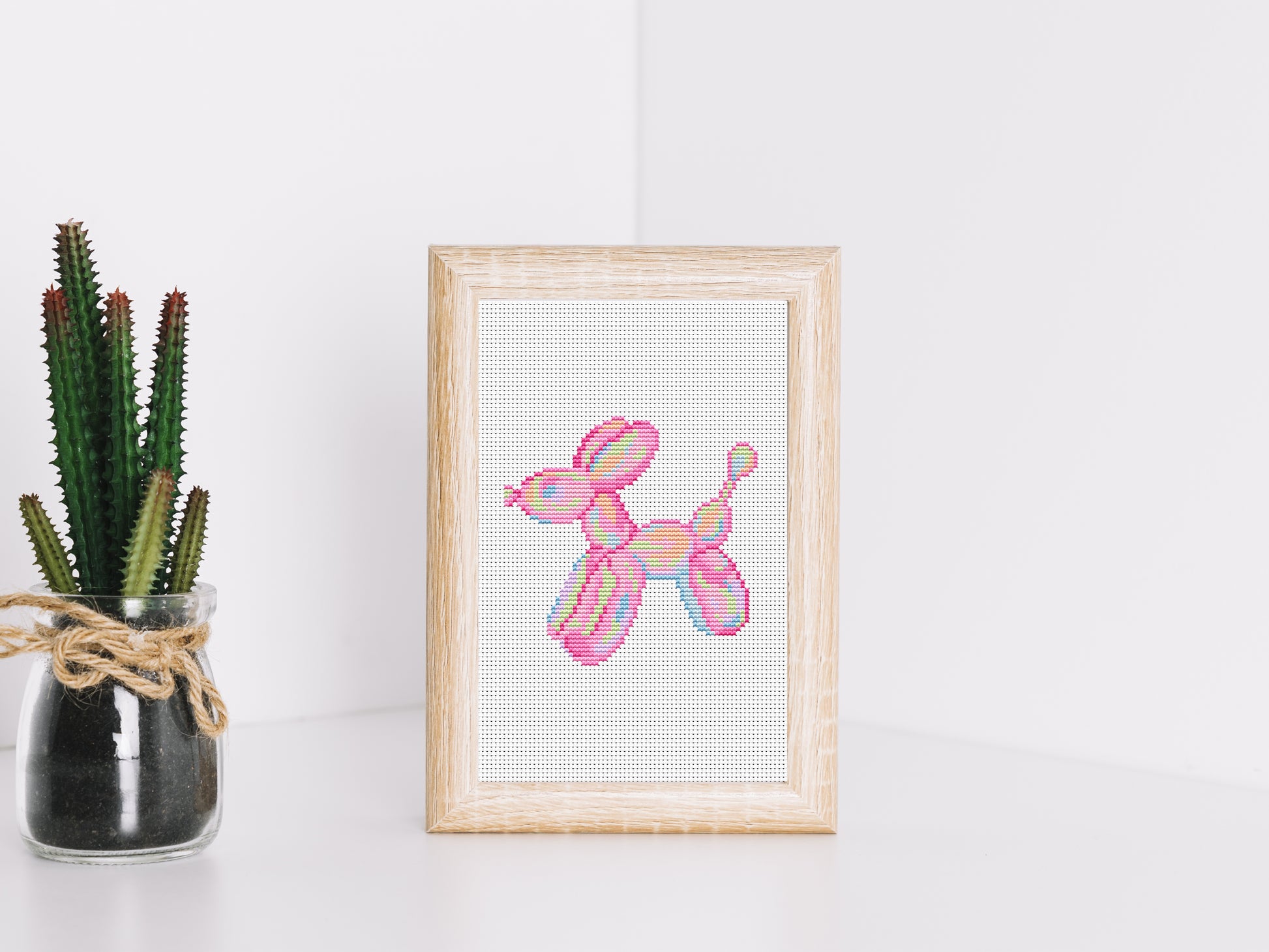 Pink inflatable balloon dog cross stitch pattern – cute modern embroidery PDF for girl’s room decor