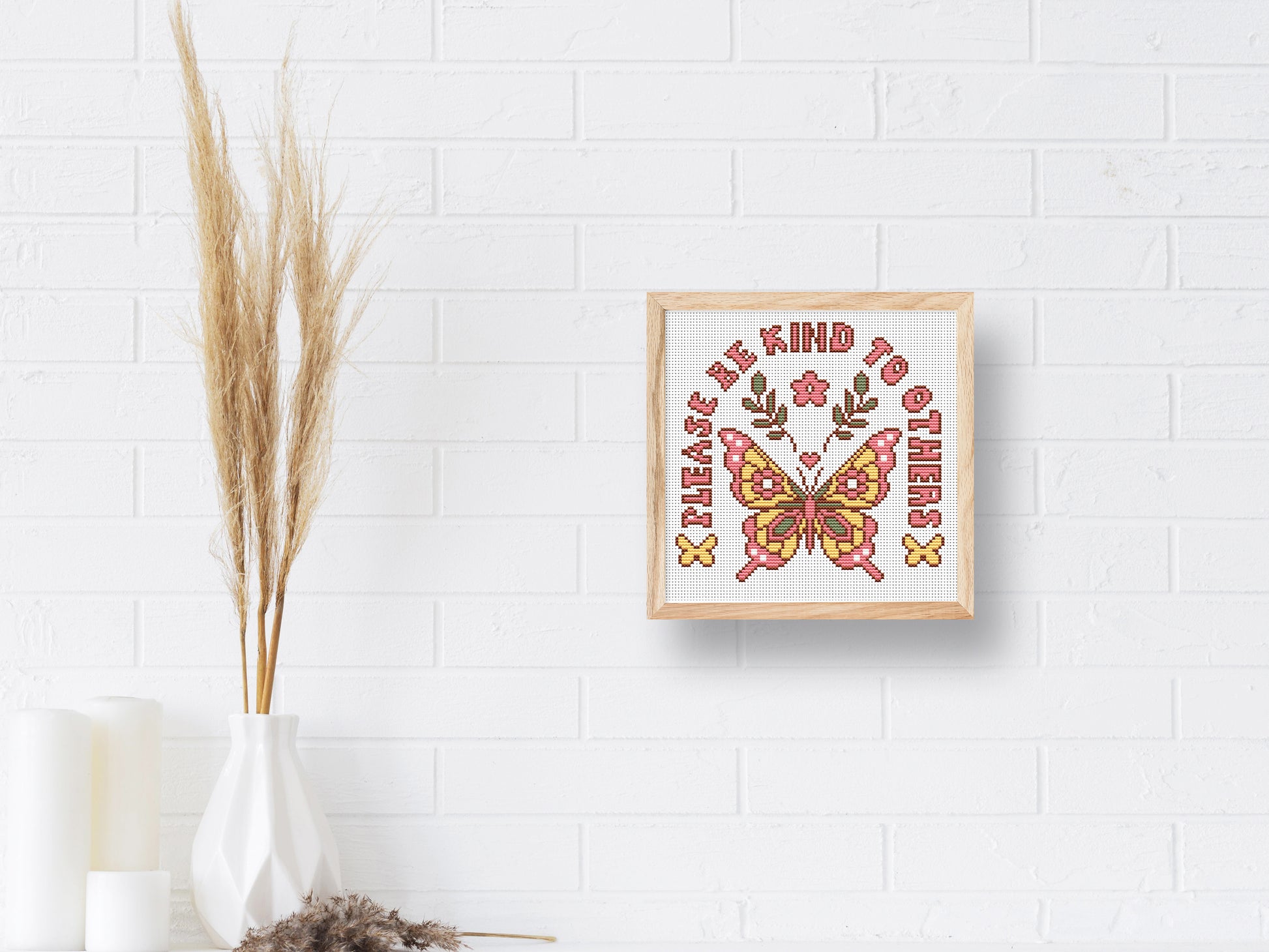 Retro butterfly cross stitch pattern with "Please Be Kind to Others" quote – vintage style PDF embroidery chart