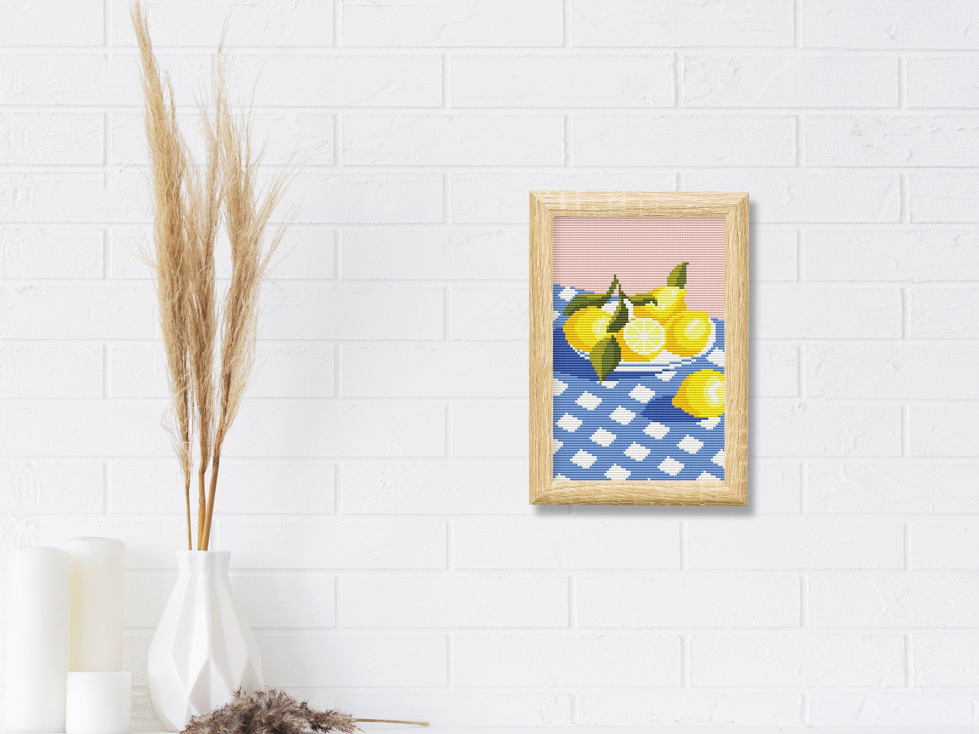 Summer cross stitch pattern with lemons on a plate – modern citrus embroidery PDF design