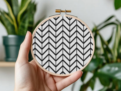 Minimal Scandinavian geometric cross stitch pattern in black and white, modern PDF embroidery design
