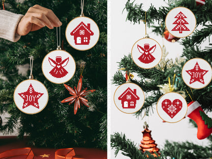Set of 5 mini Christmas cross stitch patterns, festive holiday embroidery designs
