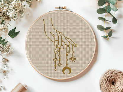 Celestial cross stitch PDF set with mystical moon, stars, hands, and sacred symbols – digital embroidery design