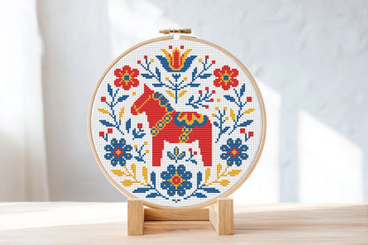 Nordic horse cross stitch pattern, Scandinavian folk embroidery design