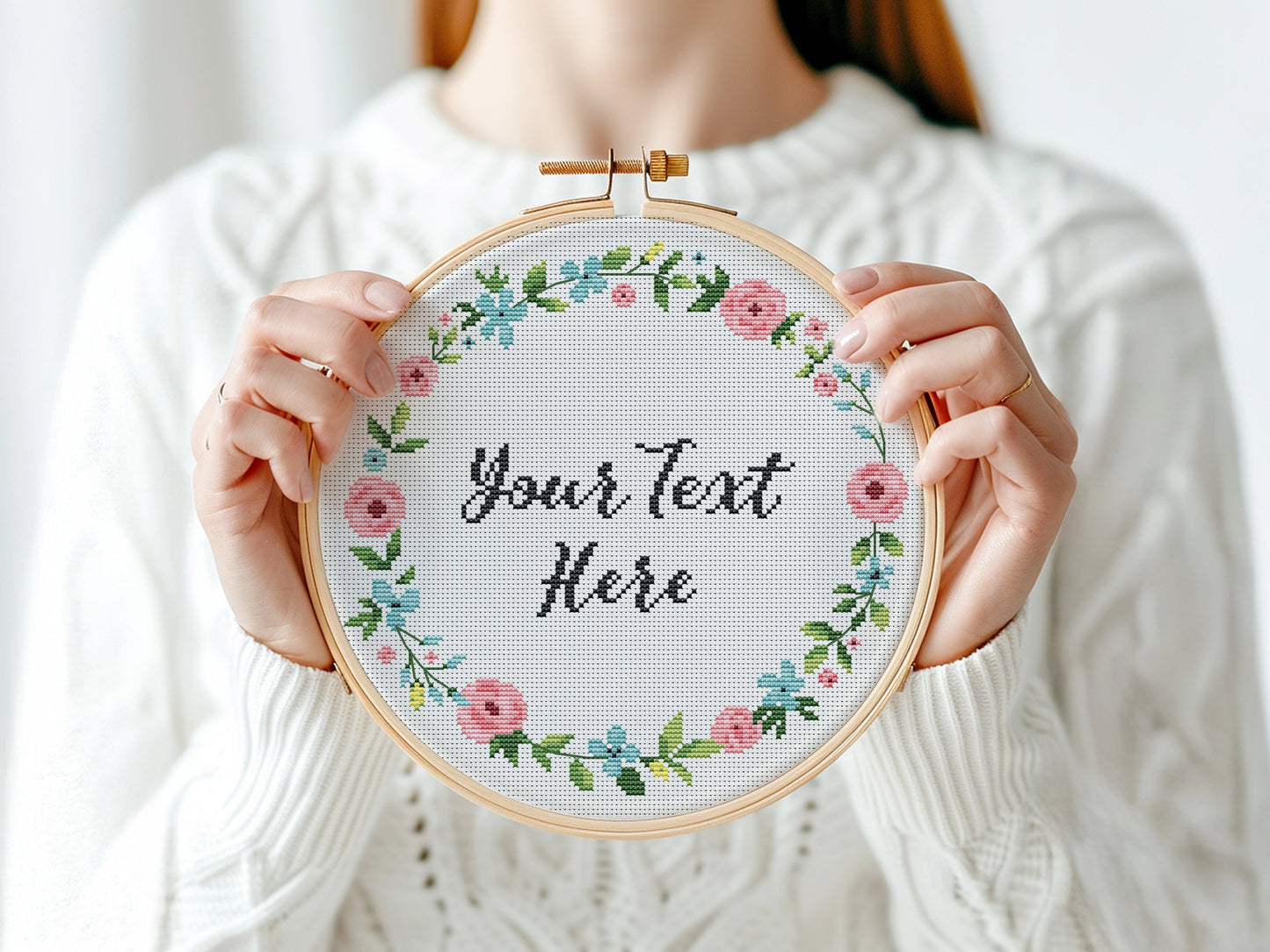 Custom cross stitch pattern with floral wreath and personalized text placeholder - customizable PDF design