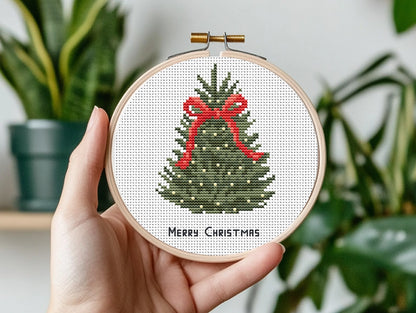 Christmas tree with red bow cross stitch pattern, festive holiday embroidery design