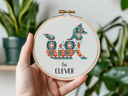 Tribal fox free cross stitch pattern, geometric woodland animal embroidery design