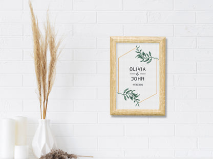 Wedding personalized cross stitch pattern – green wreath – modern minimalist embroidery with alphabet PDF