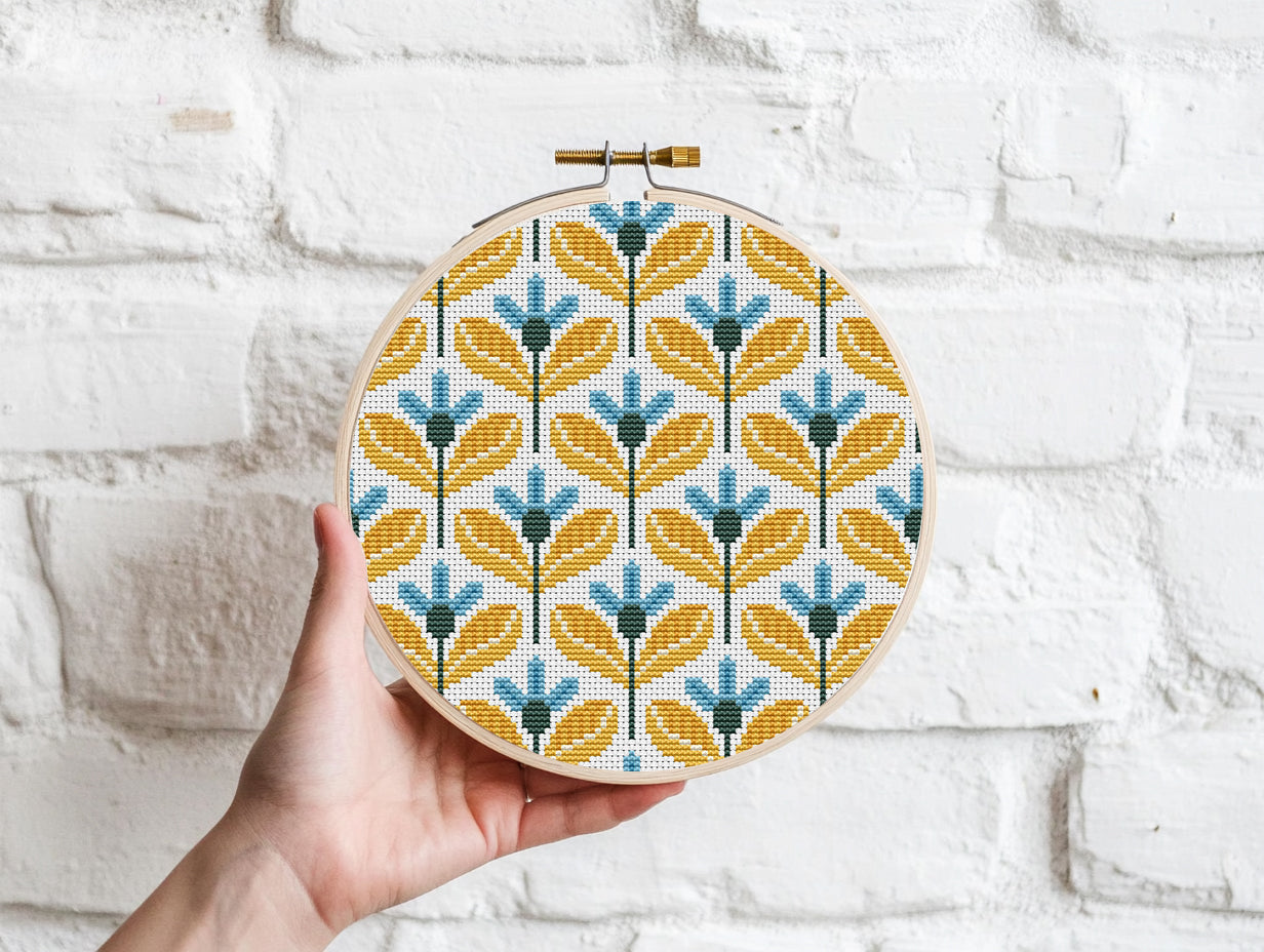 Yellow and blue geometric flowers cross stitch pattern, modern PDF embroidery design