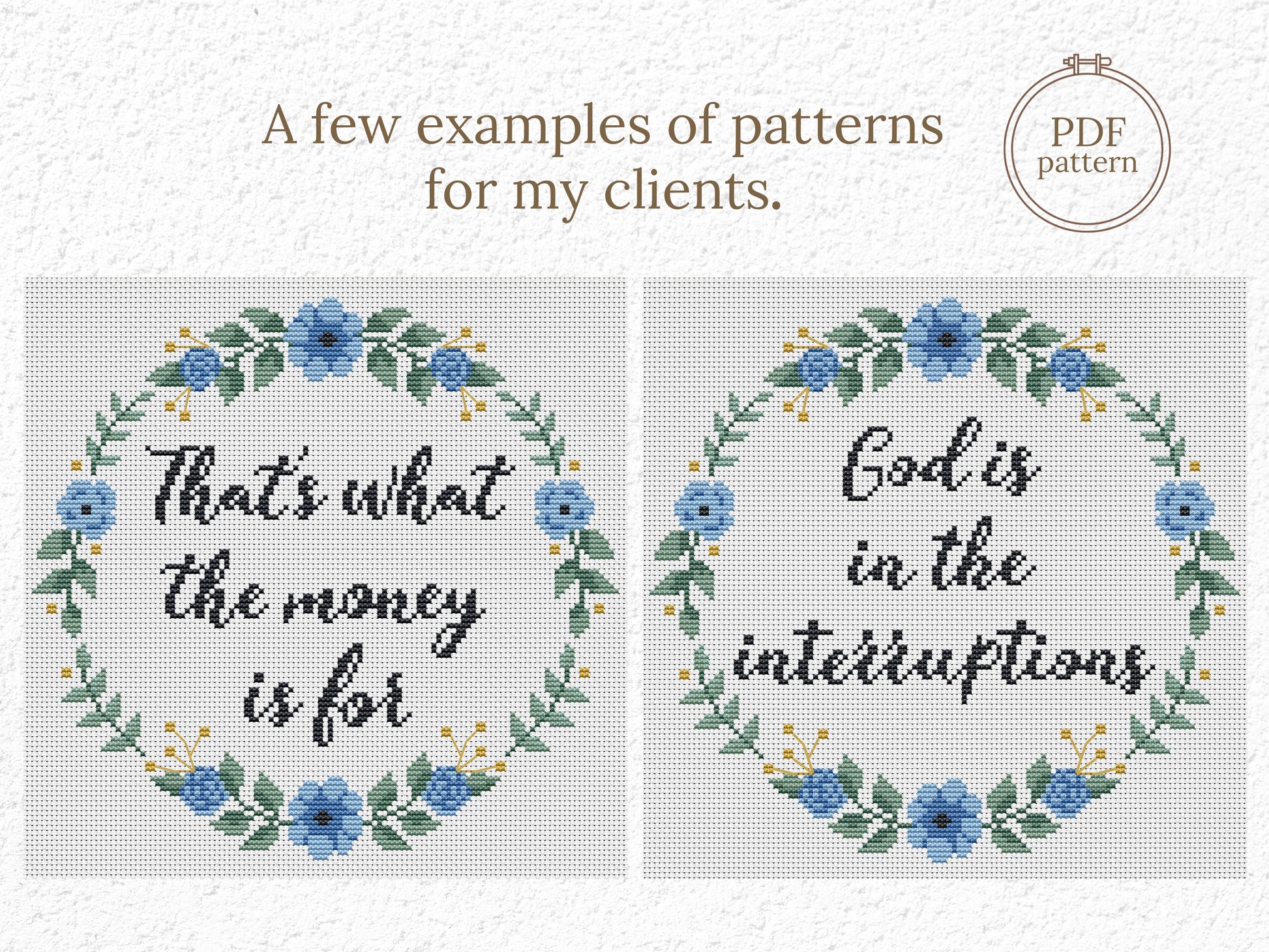 Personalized cross stitch pattern with custom text inside floral wreath — handmade PDF design