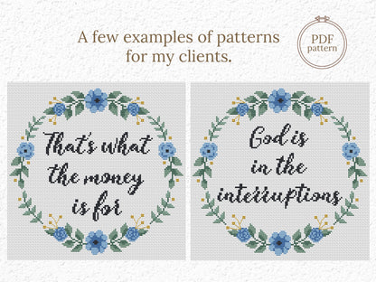 Personalized cross stitch pattern with custom text inside floral wreath — handmade PDF design