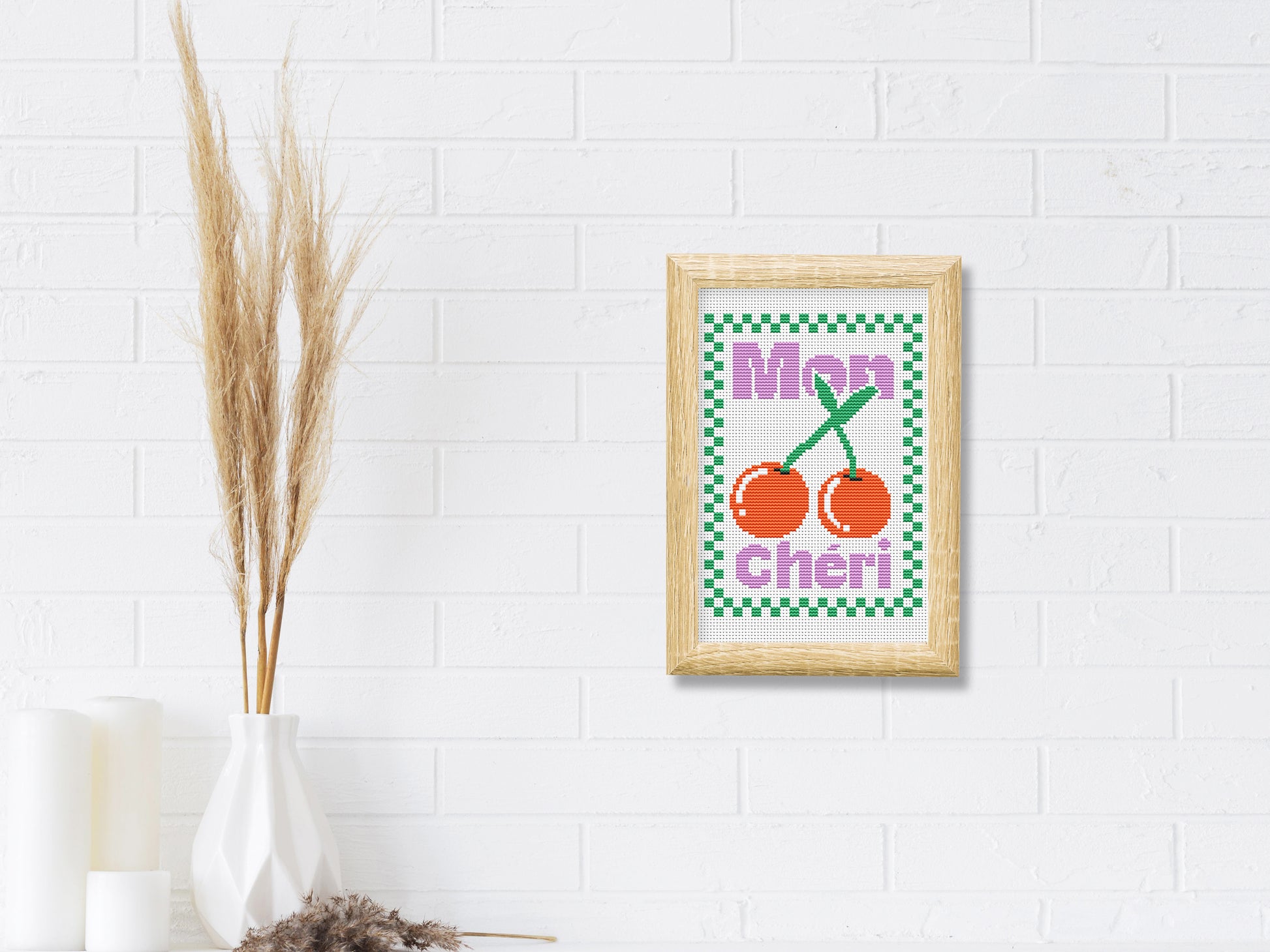 Mon Cherry cross stitch pattern with two cherries and quote in modern style – PDF download.