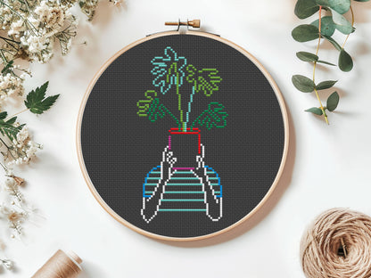 hands silhouette cross stitch pattern, floral embroidery on black canvas, modern minimalist design, set of 3 PDF charts
