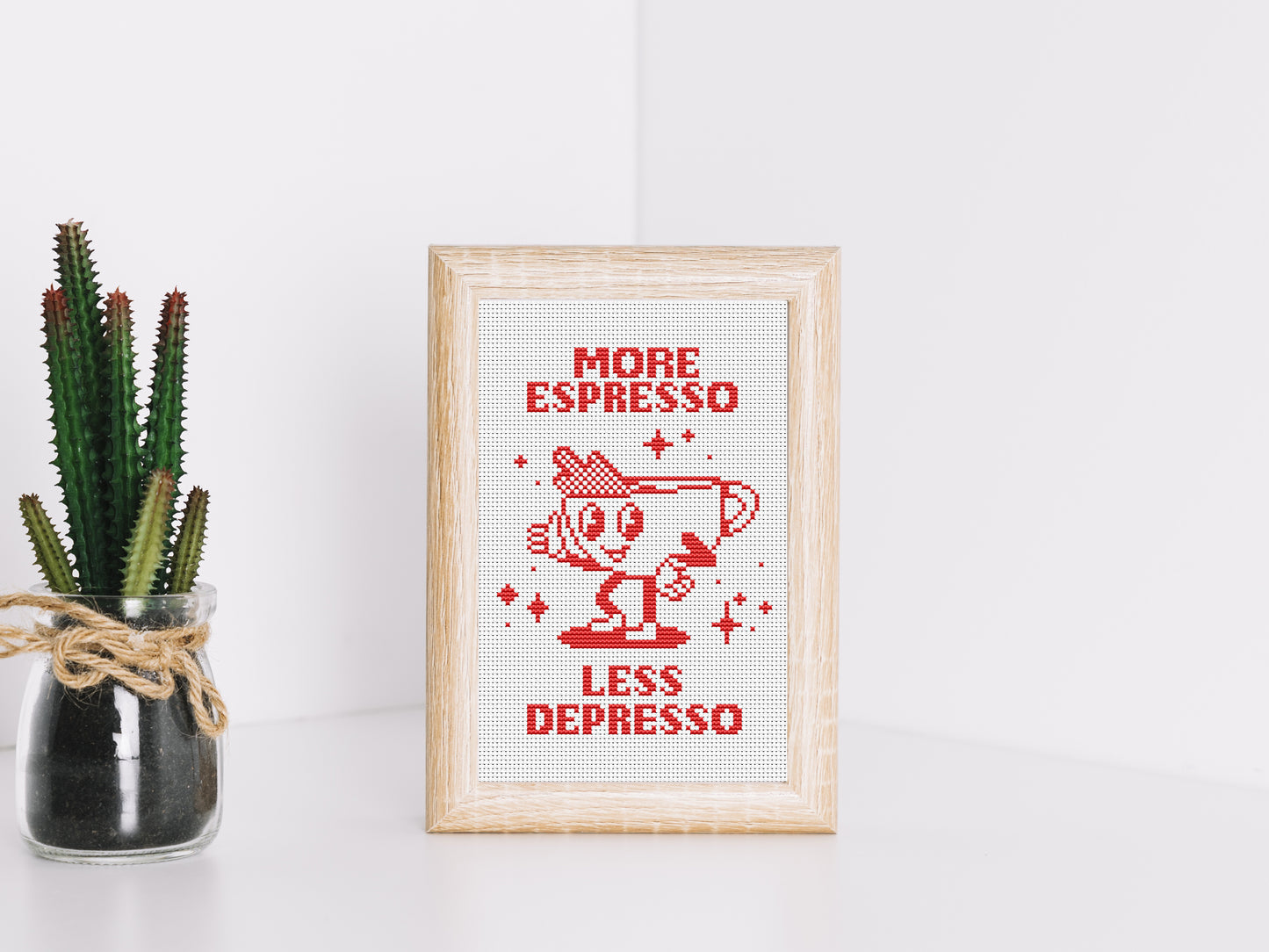 More Espresso Less Depresso cross stitch pattern – funny coffee quote PDF for modern kitchen wall decor
